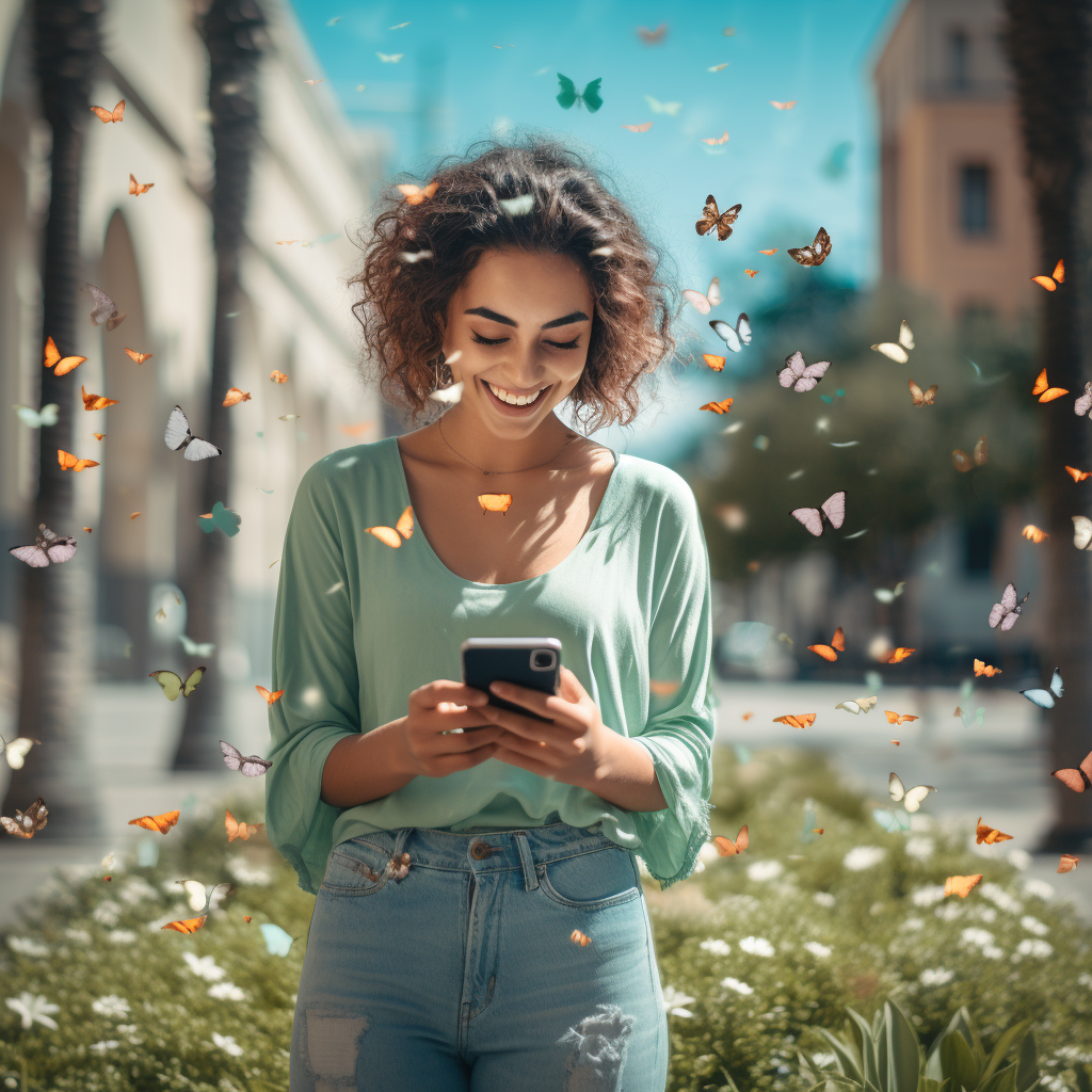 woman smiling at phone - Eco-Friendly Tech